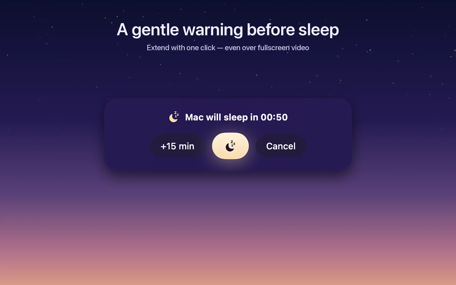 Night HUD warning that the Mac is about to sleep, with a +15 min option